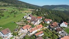 Cluster of houses in a village, each with unique architectural features, situated in a scenic rural area with a panoramic view of the mountains.