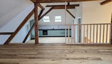 wooden beams, wooden floor, kitchen, windows
