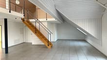 empty room, wooden stairs, white walls, tiled floor, metal railings, balcony