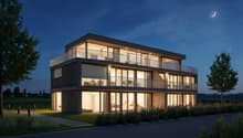 modern 2-story house, large windows, wooden facade, balconies, open landscape view