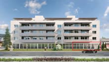 4 story building, white exterior, large windows, balconies, modern design, landscaped area