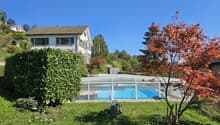 Swimming pool, trees, house, blue sky, grass, small hedges, rustic object
