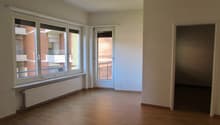 large windows, wooden floor, balcony, white walls, radiator, glass door