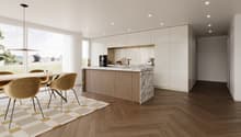 open kitchen, dining area, marble countertop, wooden floor, large windows, modern appliances
