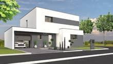 Two-story modern house with a flat roof, white and gray exterior, large windows, and an attached garage. The house is surrounded by landscaping with trees and shrubs.
