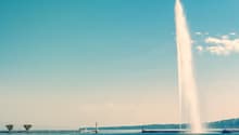 A large fountain spraying water into the sky, with boats and trees in the background
