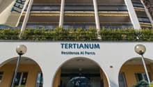 multi-story building, entrance, staircase, flag, palms, entrance sign