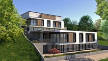 modern house, raised ground floor, balcony, large windows, concrete walls, green surroundings