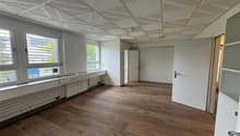 empty room, white walls, windows, wooden floor, ceiling with panels