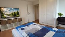 bedroom with bed, cabinet, TV, table, chair, shelf