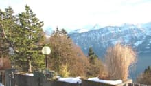 The image shows a scenic mountain landscape with pine trees in the foreground and snow-capped peaks in the background. There appears to be a fence or railing in the foreground, suggesting this is a viewpoint or observation deck overlooking the natural sce
