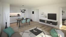 Open-concept living room and kitchen with white walls, hardwood floors, a dining table with four chairs, a black TV stand, a gray sofa, and a modern kitchen with a dishwasher.