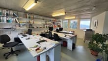 desks, black office chairs, bookshelves, computer, papers, potted plant, picture frame, storage boxes, bicycles