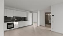 Modern, open-concept kitchen with white cabinets, black countertops, and stainless steel appliances. The kitchen leads into a larger living space with tiled flooring.