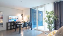 Spacious living room with large windows, balcony, dining table, TV stand, and potted plants