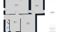 The image shows a floor plan with 4 office spaces labeled as Ufficio 1, Ufficio 2, Ufficio 3, and Ufficio 4, along with a WC (bathroom) and a shared total area of 86.64 m2.