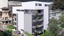 modern 5 story building with large balconies, modern design, surrounded by grass and flowers, rooftop terrace