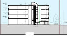 multi-storey building, raised ground floor, parking, terraces, garage