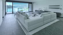 large windows, couch, glass coffee table, shelves, decorative objects, flooring