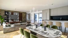modern design, large windows, marbled wall, sofa, dining table, kitchen island