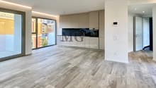 wooden floor, glass doors, sliding windows, kitchen with appliances