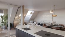 modern kitchen with island, dining area, living room with sofa, glass wall, plants, pendant lights, wooden floor
