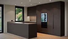 modern open-plan kitchen, grey cabinets, island with built-in stove, large windows, large kitchen appliances