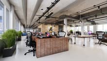 modern open space office with desks, monitors, ceiling fans, brick accent wall, white floors, various plants