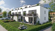 2 story house, white facade, two balconies, garden, three cars parked