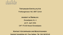 Parking space for rent in Tiefgaragen in Frohburgstrasse 160, 8057 Zurich. Available from 01. April 2026 for CHF 175.00 per month.