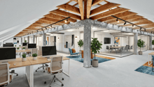 modern office space with wooden beams, glass walls, desks, chairs, plants, meeting table, monitors, and lamps