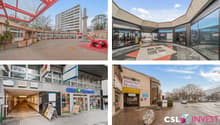 A collage of four images of a building complex with various features. The first image shows a large open area with a red structure and a tall building in the background. The second image displays a building with glass walls and doors. The third image feat