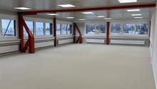 large open space, white carpet, multiple large windows, exposed steel beams