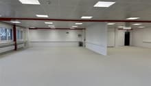 Empty room with white carpet, white walls, red strip on ceiling, windows on the left side.