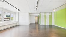 empty room, grey tiled floor, green wall, white ceiling, big windows, lights on ceiling