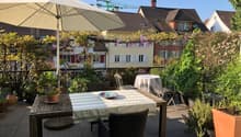 Balcony area with a table, chairs, umbrella, potted plants, and a view of the city