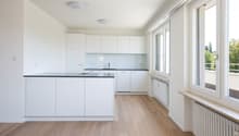 modern kitchen, white cabinets, black granite countertops, island, built-in appliances, wooden floors, large windows with balcony access