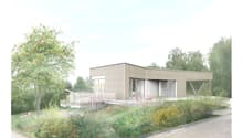 modern house, wooden exterior, large windows, balcony, garden, trees