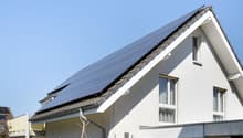 white house, solar panels on the roof, small garden, brick driveway