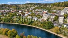 Flussstadt am grünen Hügelhang