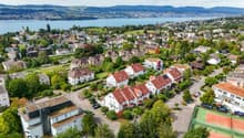 Vogelperspektive mit Blick auf den Zürichsee und Uetikon am See