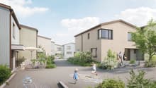 Multiple houses, paved street, children playing hopscotch, trees and plants, bicycles, street lamps