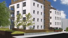 5-story building, white walls, brown wooden accents, balconies, windows, ground-level fencing