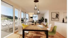 large windows, glass door leading to terrace, wooden dining table, modern chairs, large hanging lamps, framed picture on wall