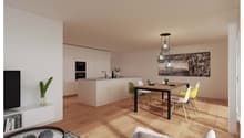 open-plan kitchen and living room, island with stove and sink, dining table with chairs, TV, wooden floor, white walls, pendant lights