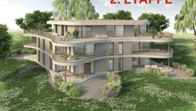 3 story house, modern design, multiple balconies, green roof, surrounded by trees