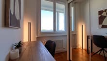 wooden desk, black chair, white candle, small potted plant, white radiator, large window, mirror door
