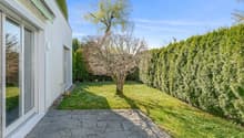 private garden with lawn, tree, hedges, paved patio