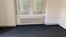empty room, white walls, white radiator, double windows, gray carpet