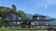 Modern architectural design, glass facades, balconies, outdoor seating areas, mountain view, spacious living areas